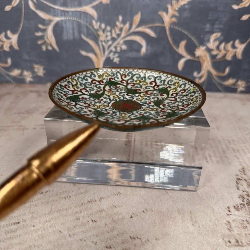 Vintage Estate Chinese Cloisonne Brass Enamel Floral Trinket Dish
